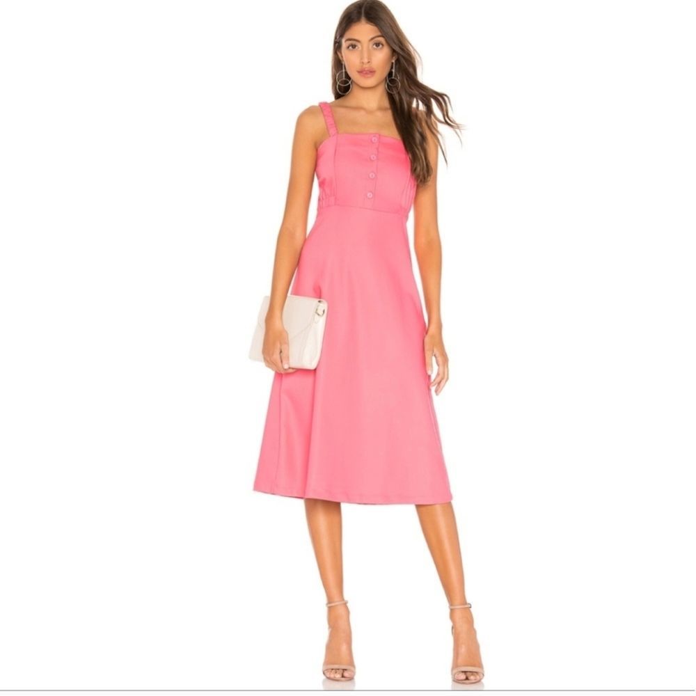 L'Academie The Sabine Button Front Midi Dress Stretch Knit Calypso Coral Pink M